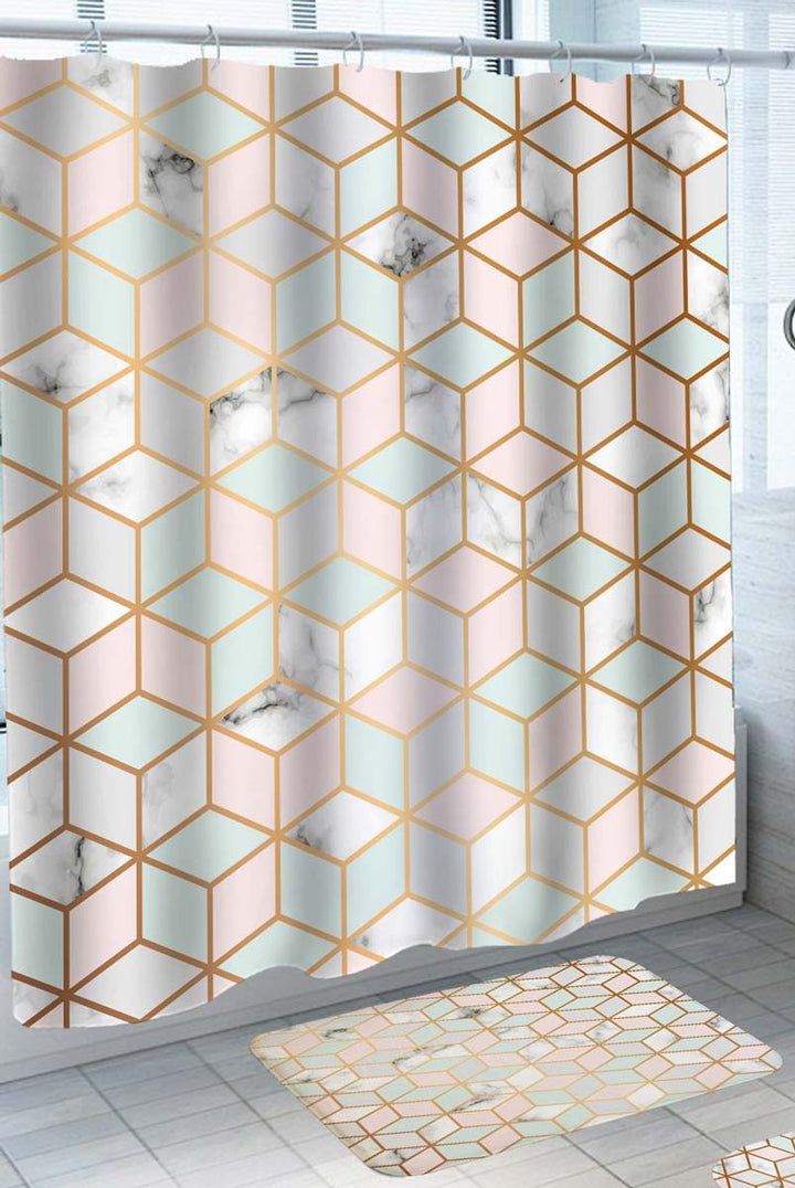 Light Pink and Mint Green 3D Squares Marble Fabric Shower Curtain