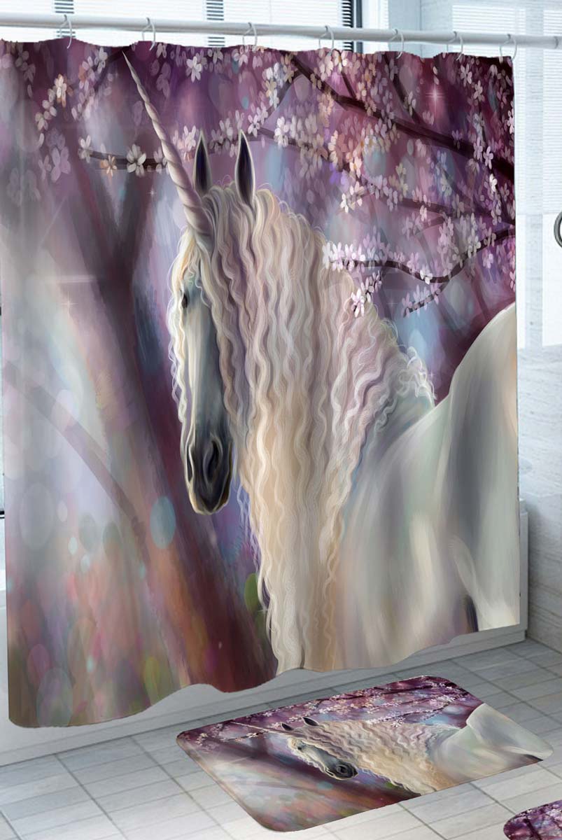 Magical Bloom and Long Haired Unicorn Fabric Shower Curtains
