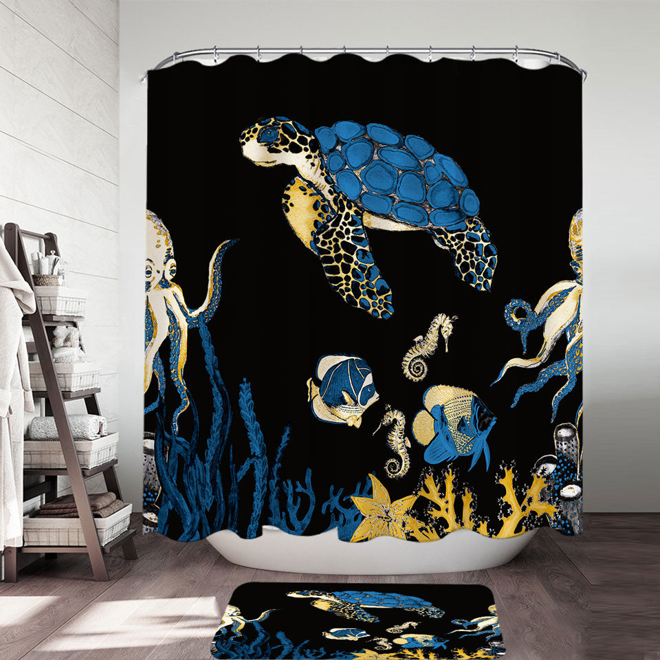 Marine Life Shower Curtains Turtle and Friends Underwater Darkness
