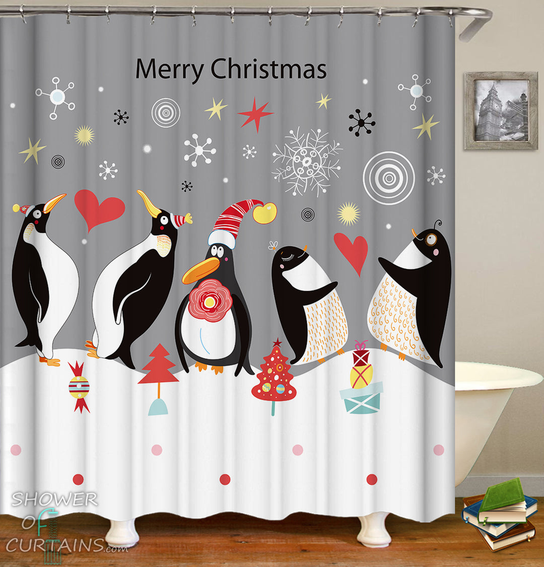 Merry Christmas Shower Curtains - Christmas Penguins