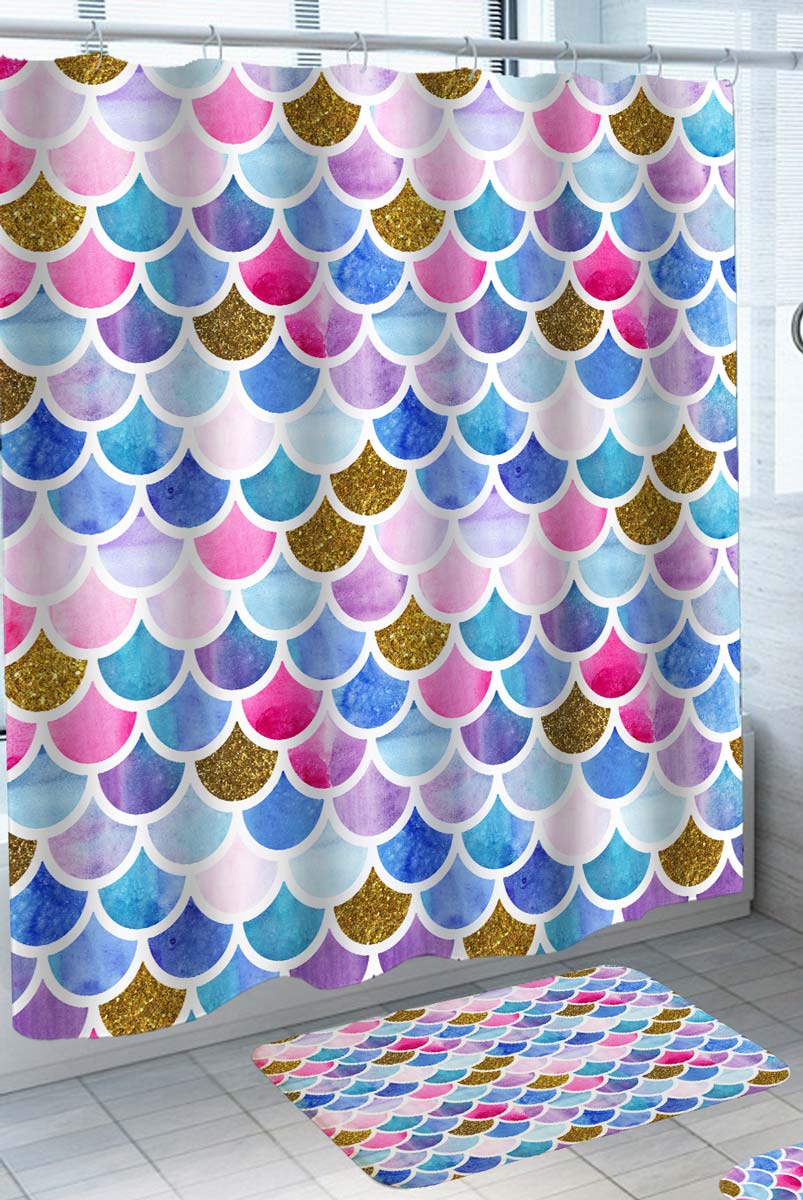 Multi Colored Mermaid Skin Shower Curtain and Bath Rugs