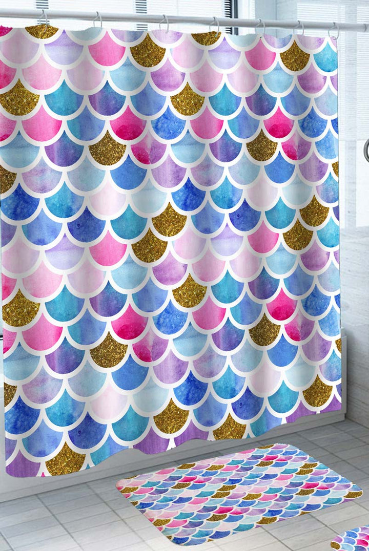 Multi Colored Mermaid Skin Shower Curtain and Bath Rugs