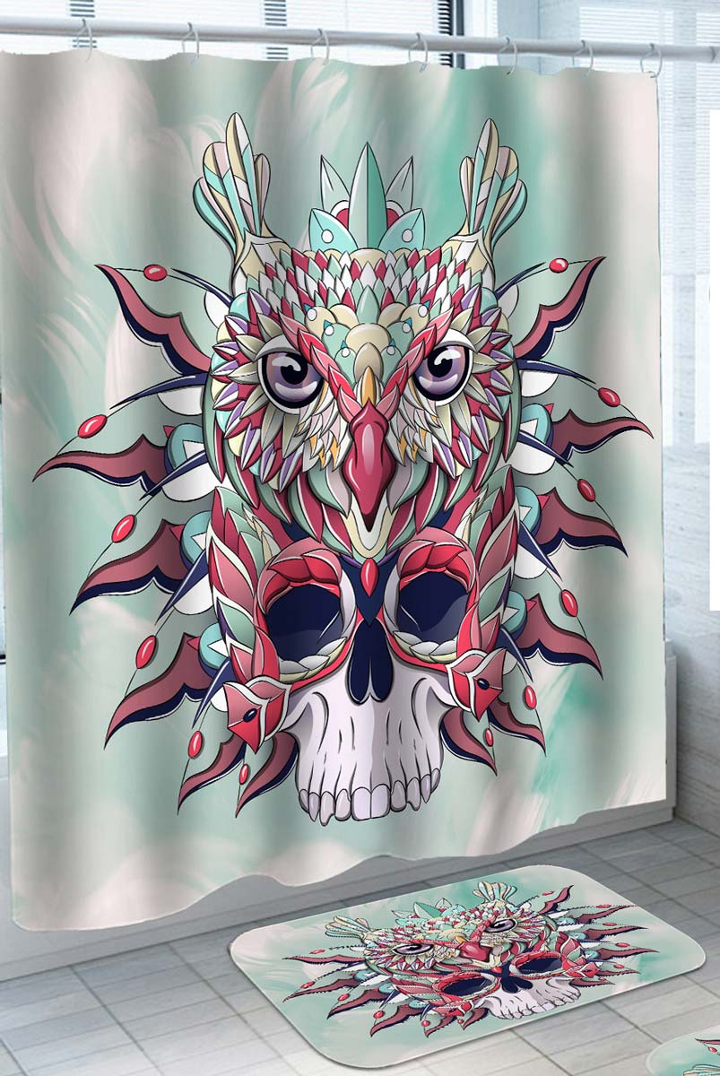 Multi Colored Oriental Design Owl Skull Shower Curtain