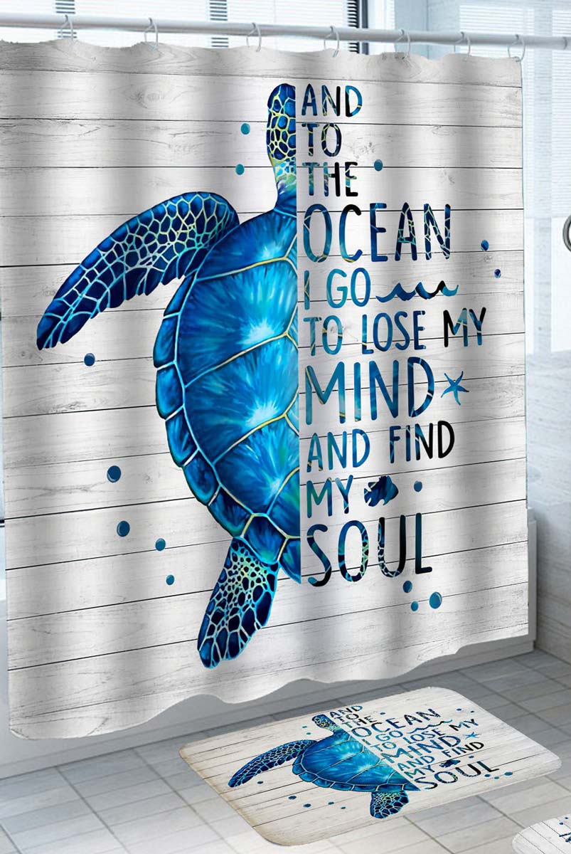 Nautical Bath Rugs with Turtle on Wooden Deck Inspiring Quote Shower Curtain