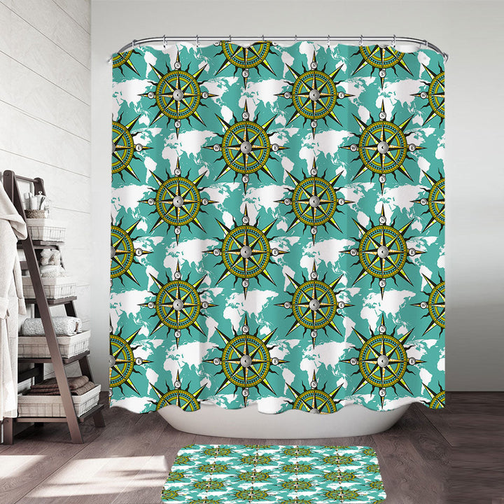 Nautical Shower Curtains A Pattern of World Map and Compass