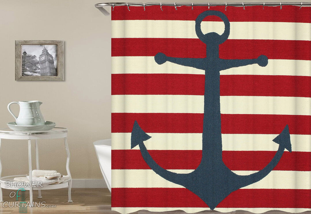 Nautical Shower Curtains of Anchor Over Red Stripes