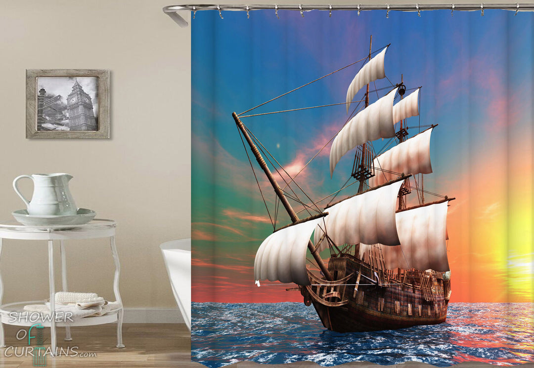 Nautical Shower Curtains of Digital Sailing Ship Shower Curtain