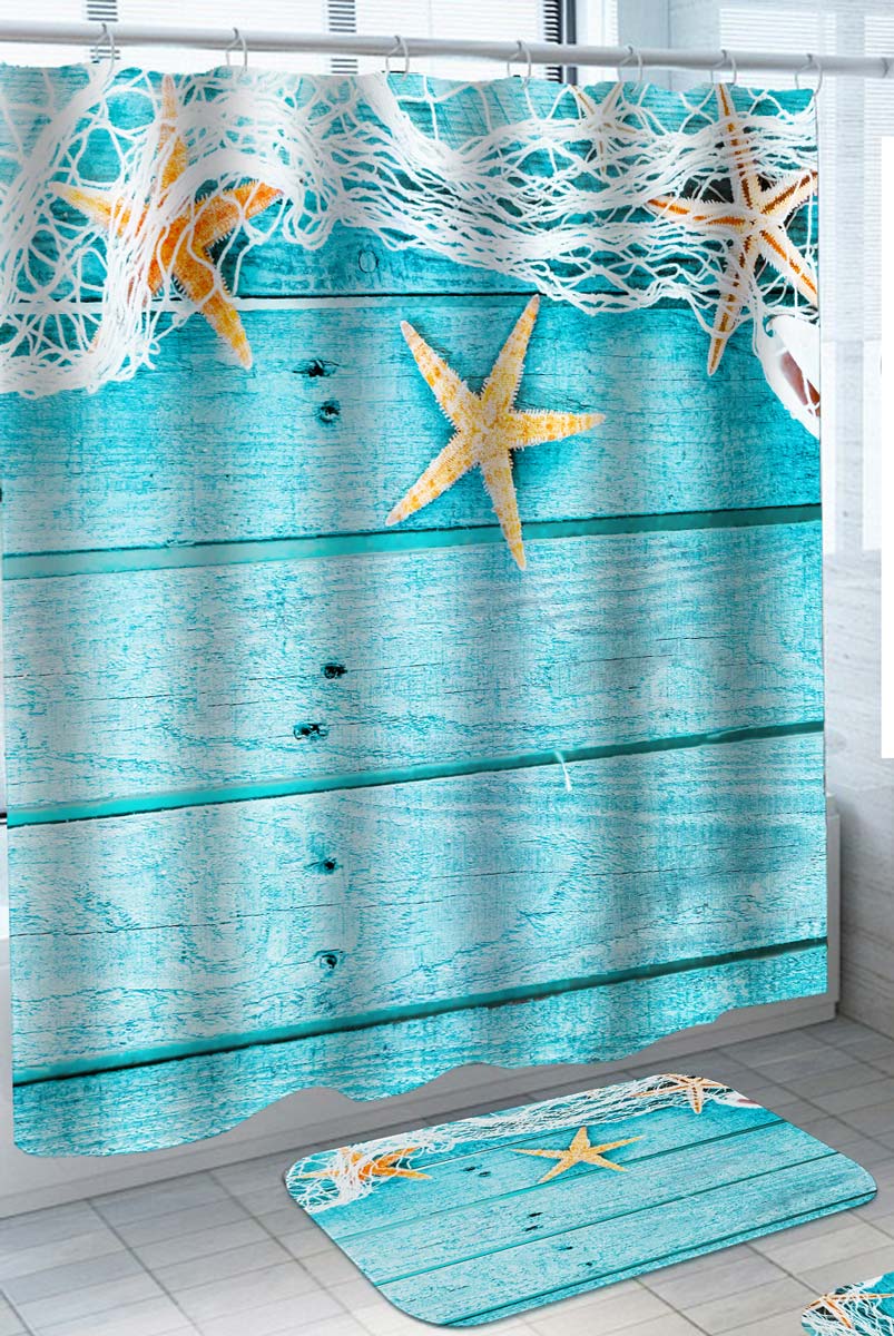 Ocean Theme Shower Curtain Blue Wooden Deck and Starfish