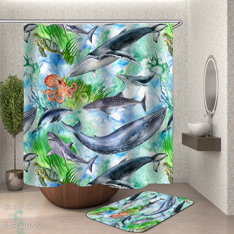 Ocean Themed Bathroom Decor - Ocean Animals Shower Curtain