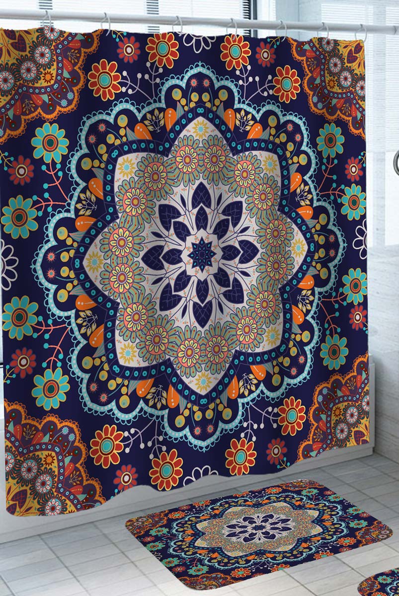 Oriental Shower Curtains with Colored and Designed Floral Mandala