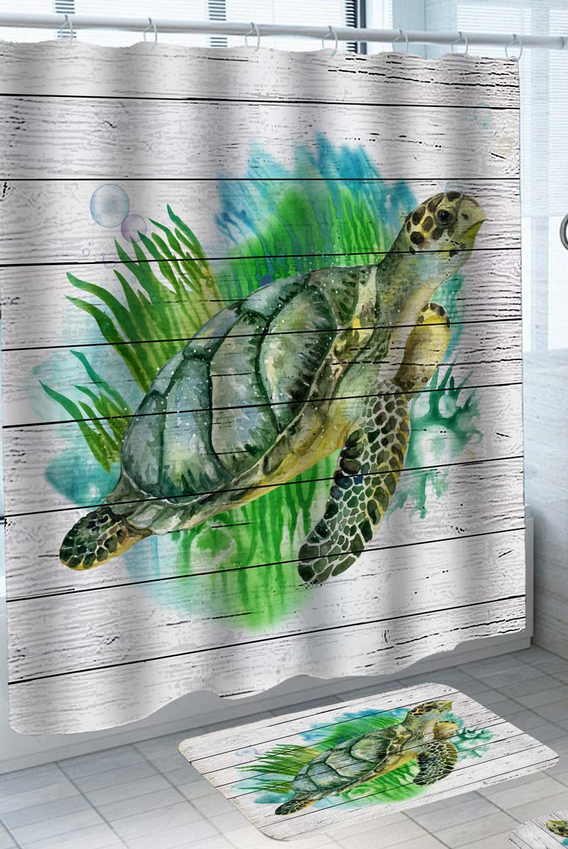 Painted Green Turtle and Seaweed Shower Curtain