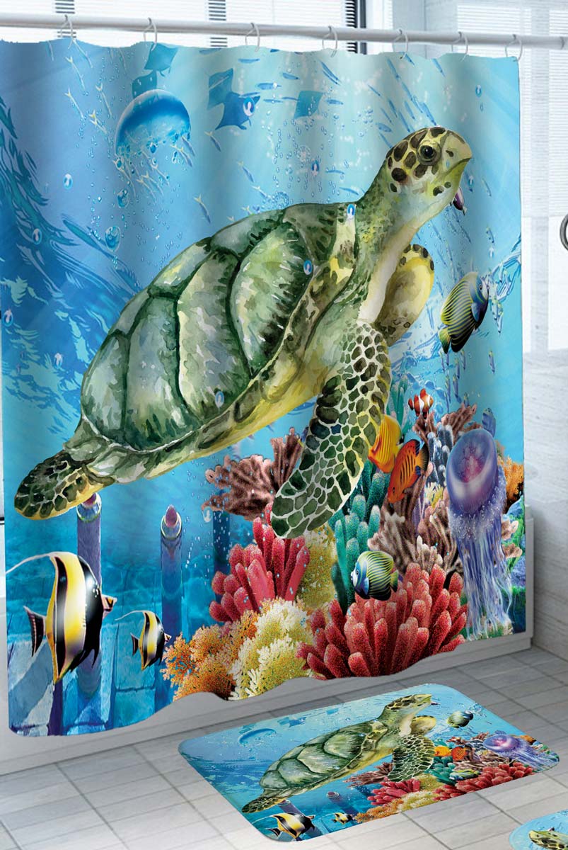 Painted Turtle Swimming above Corals Shower Curtain