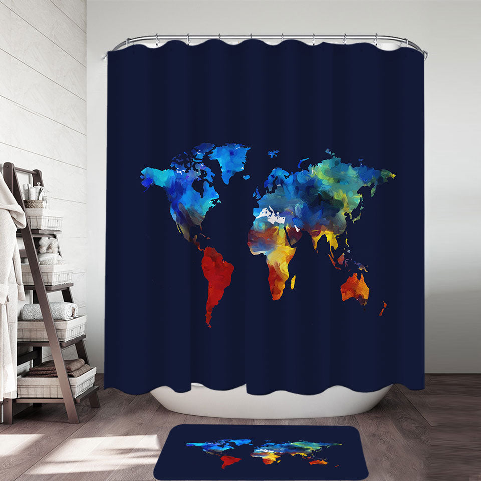 Painted World Map Shower Curtain Blue to Red