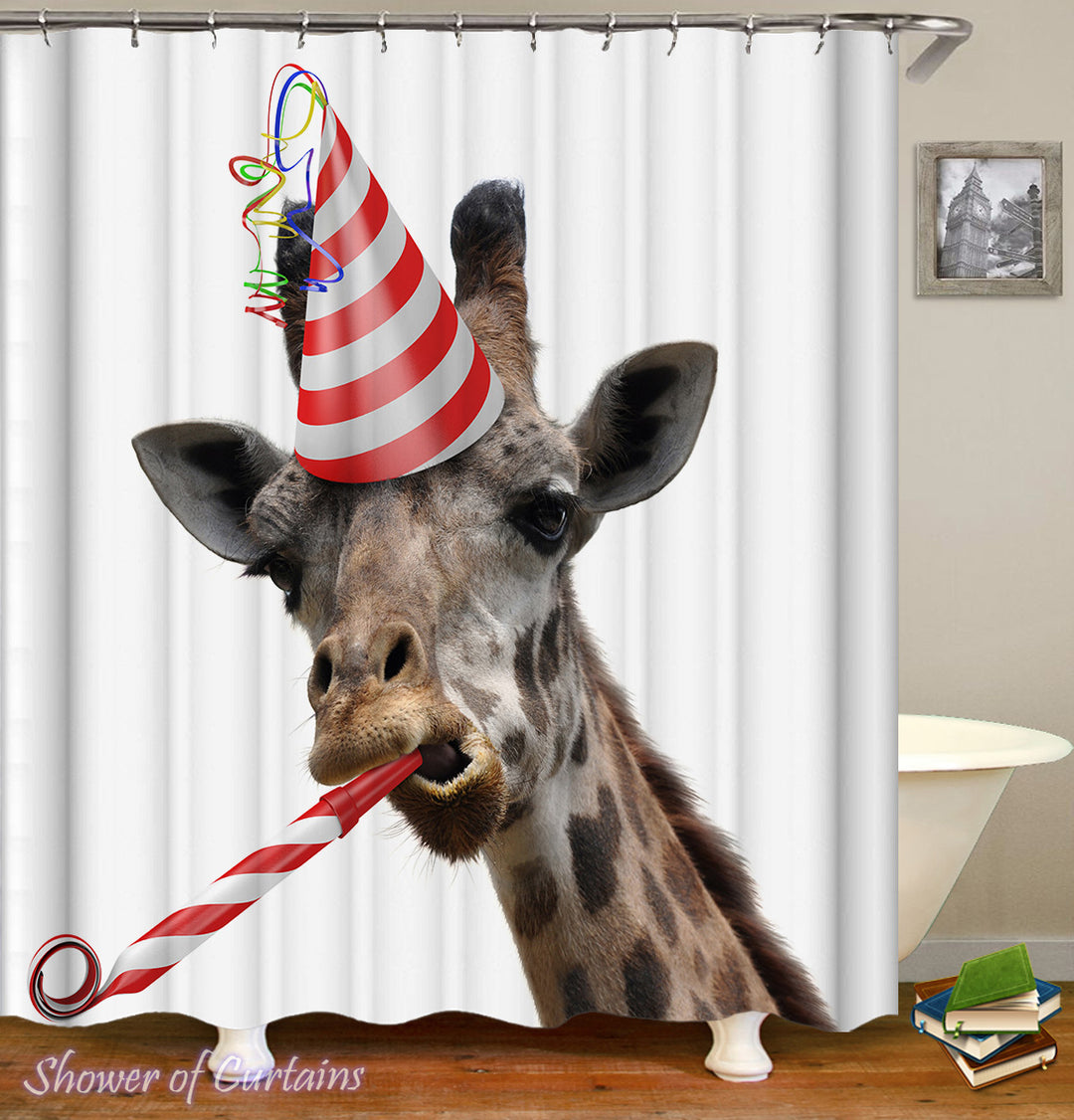 Partying Giraffe shower curtain