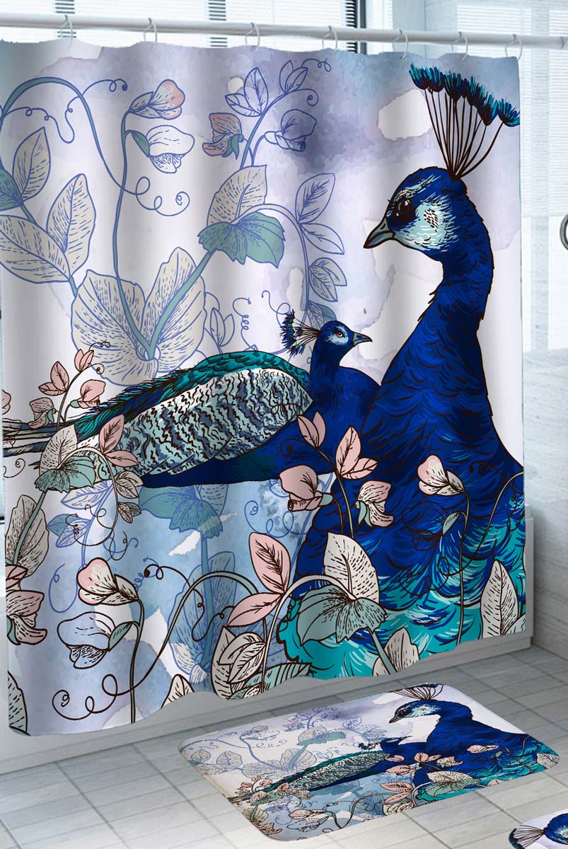Peacock Shower Curtain Two Blue Turquoise Peacocks Artwork