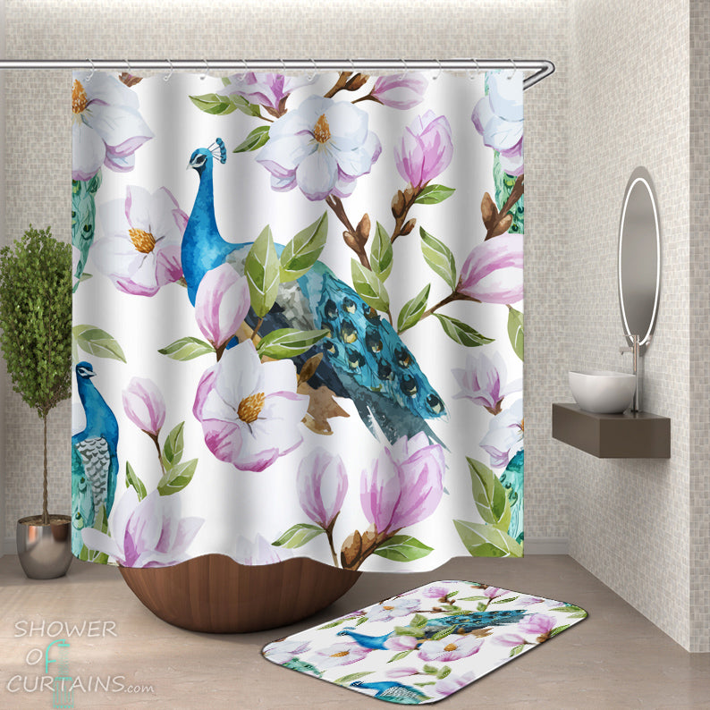 Peacock Shower Curtain - Turquoise Peacock And Flowers