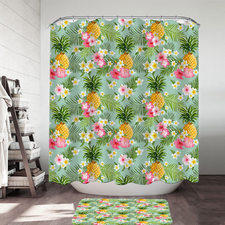 Pink Hibiscus White Plumeria and Pineapple Shower Curtain