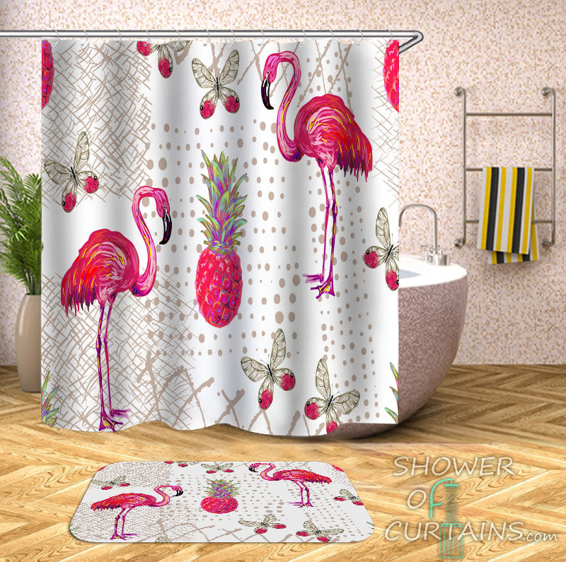 Pink Shower Curtain of Rich Pink Flamingo Pineapple And Butterflies