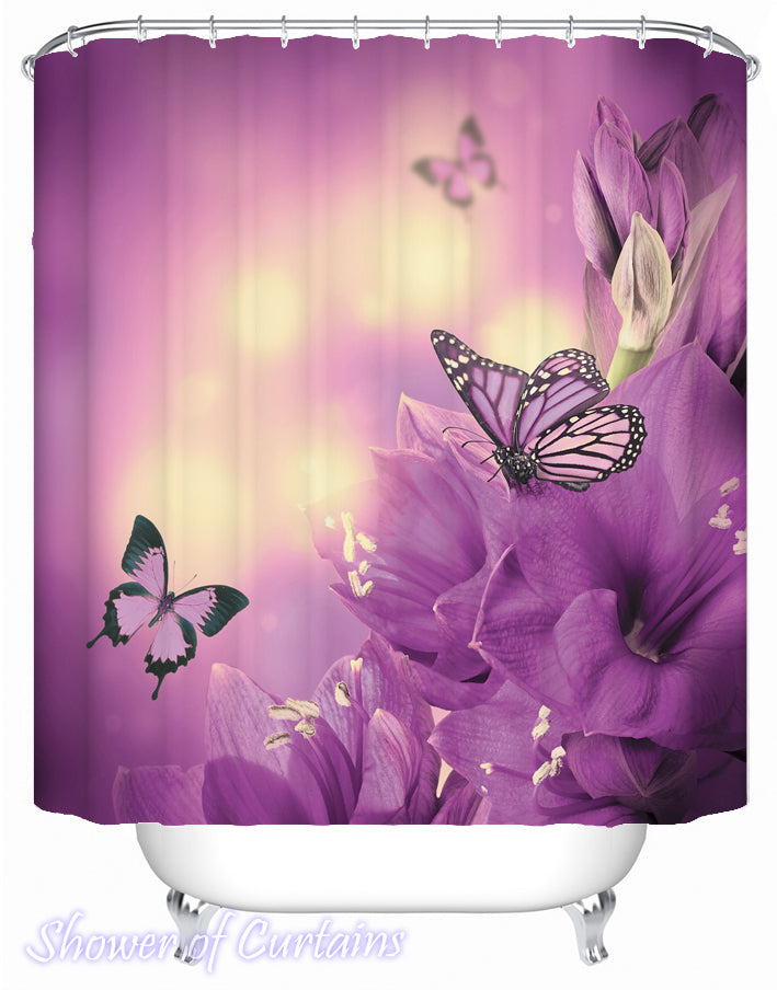 Purple Shower Curtain of Flowers And Butterflies In Purple