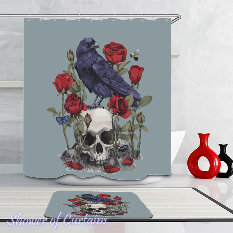 Raven Shower Curtain - Raven Skull And Roses - Skull Bathroom Decor
