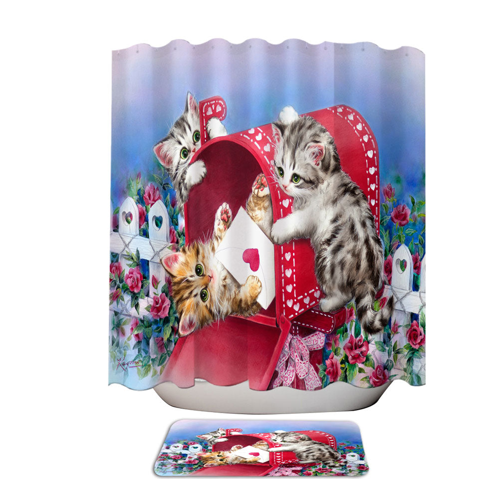 Red Mailbox and Roses Cute Sweet Kittens Shower Curtains for Kids