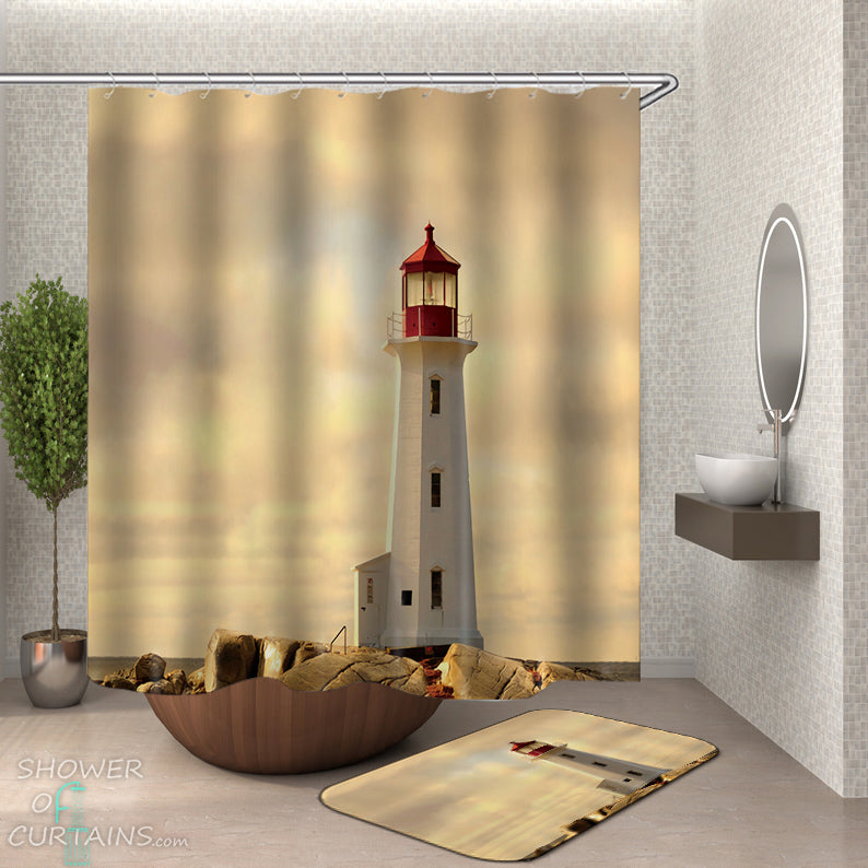 Red Top Lighthouse Shower Curtain - Nautical Bathroom Decor