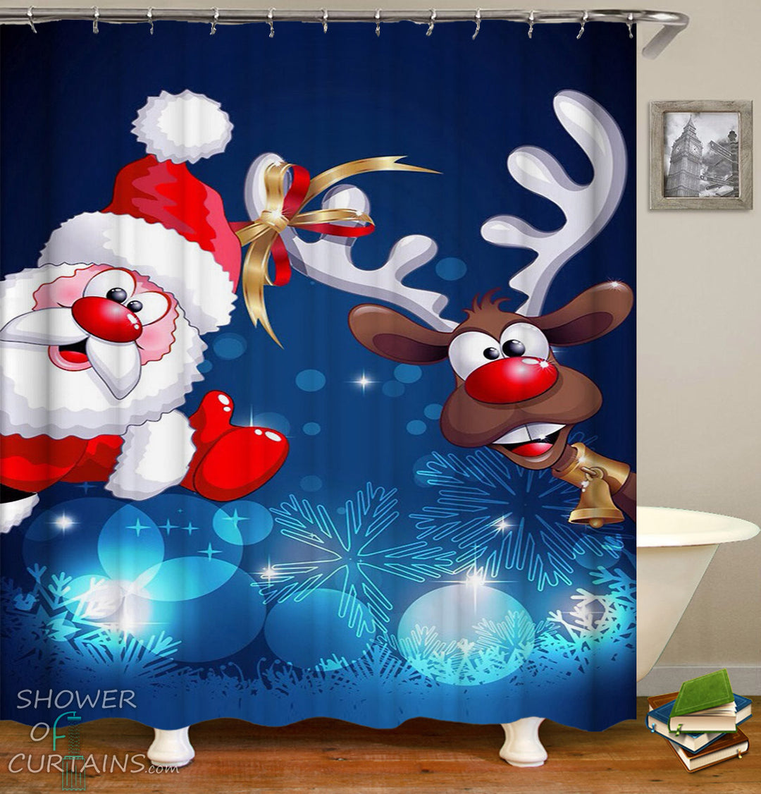 Reindeer And Santa Shower Curtain Cartoon
