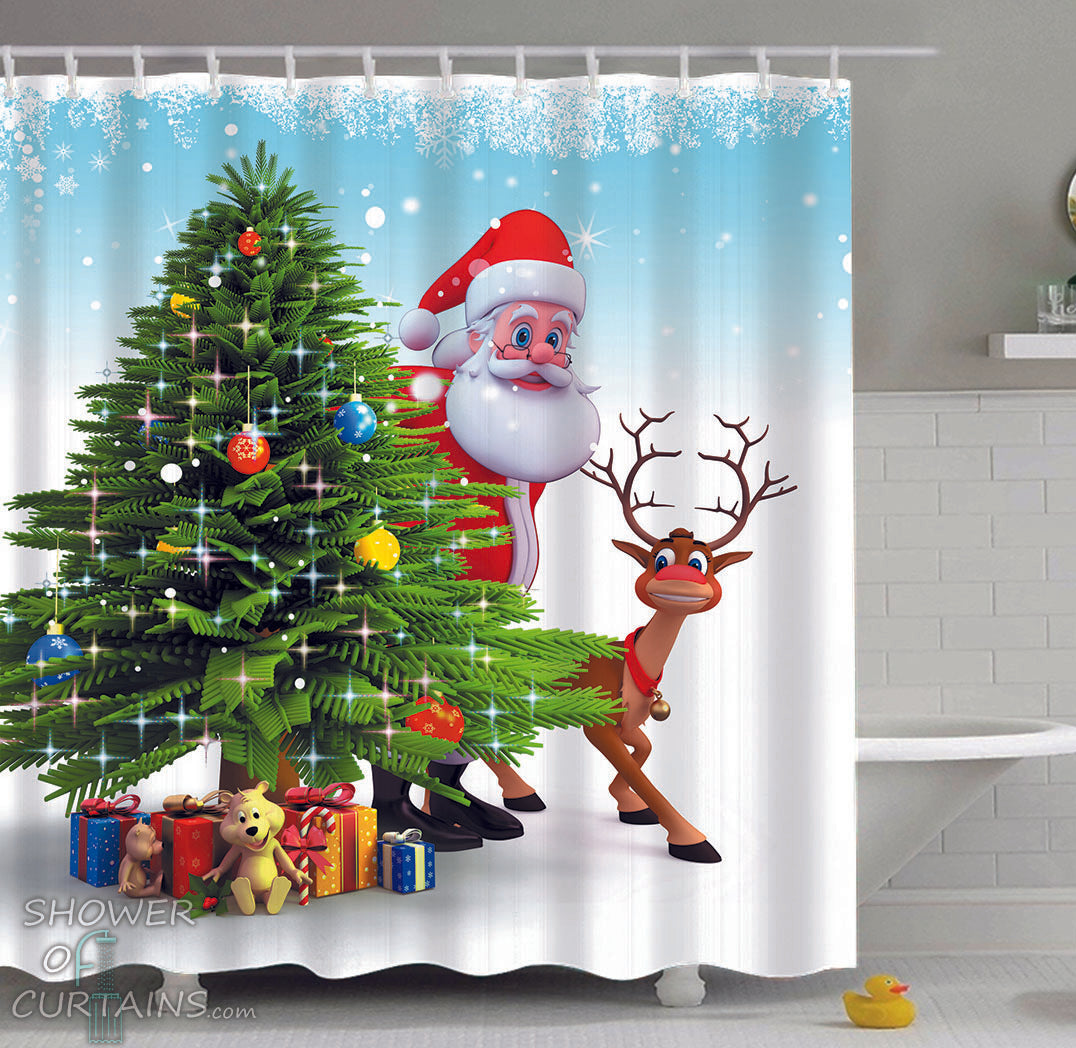 Santa Claus Shower Curtain - Santa And Reindeer Sneaking Out - Christmas Bathroom Decor