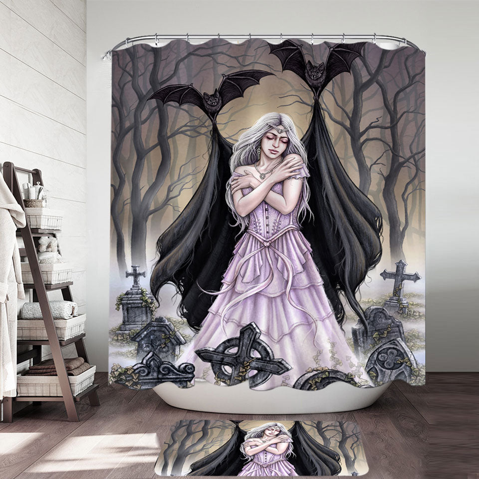 Scary Shower Curtain Art Graveyard Bats Night Embrace for Lonely Woman