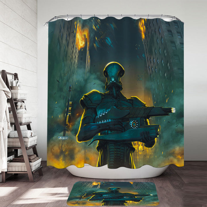 Science Fiction Shower Curtains Art Robots City Invasion