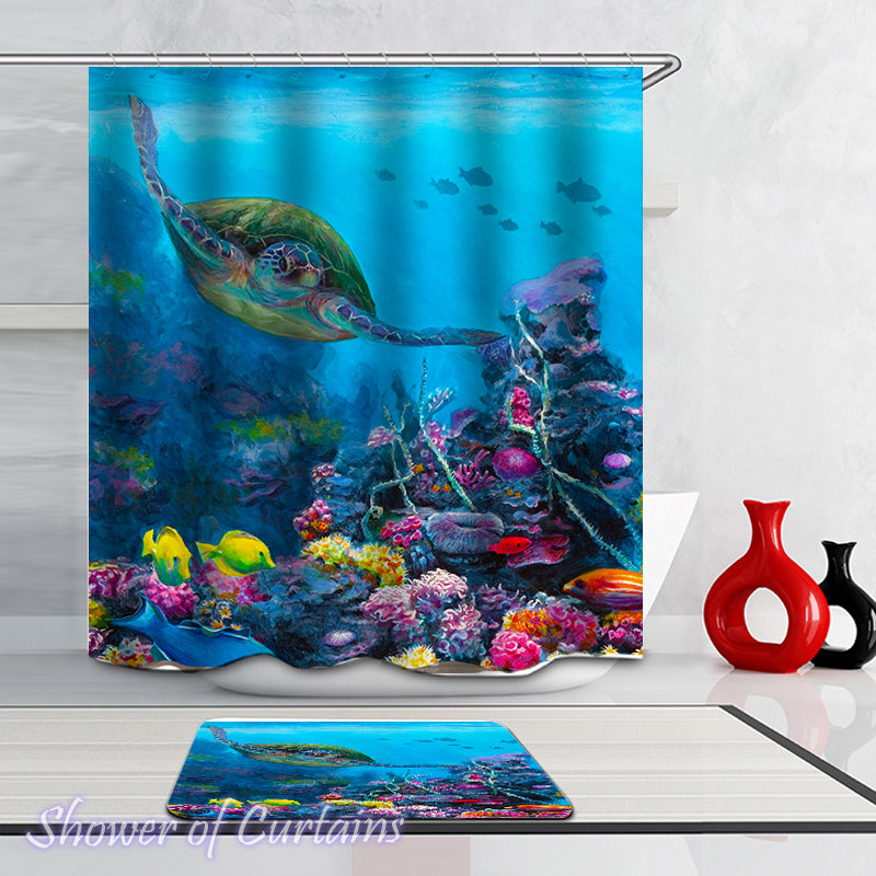 Sea Turtle Swimming With Corals Shower curtains theme