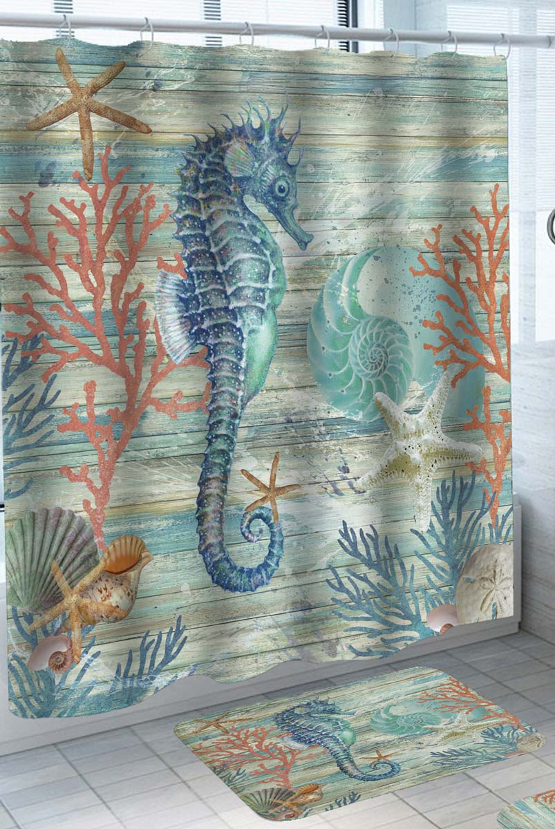 Seahorse Shower Curtain Painting on Wood Deck Ocean Seahorse and Coral