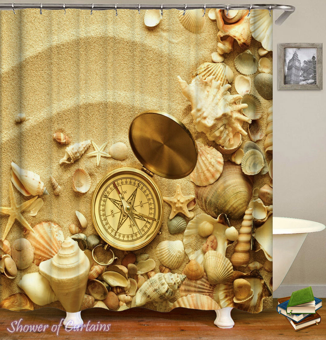 Seashell Shower Curtain of Shells And Compass On The Beach Themed Shower Curtains