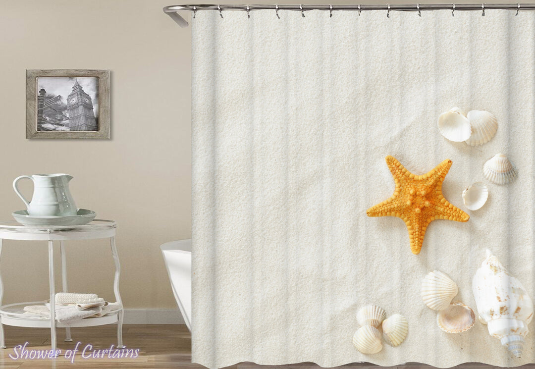 Shells On Beach White Sand - Costal shower curtains theme