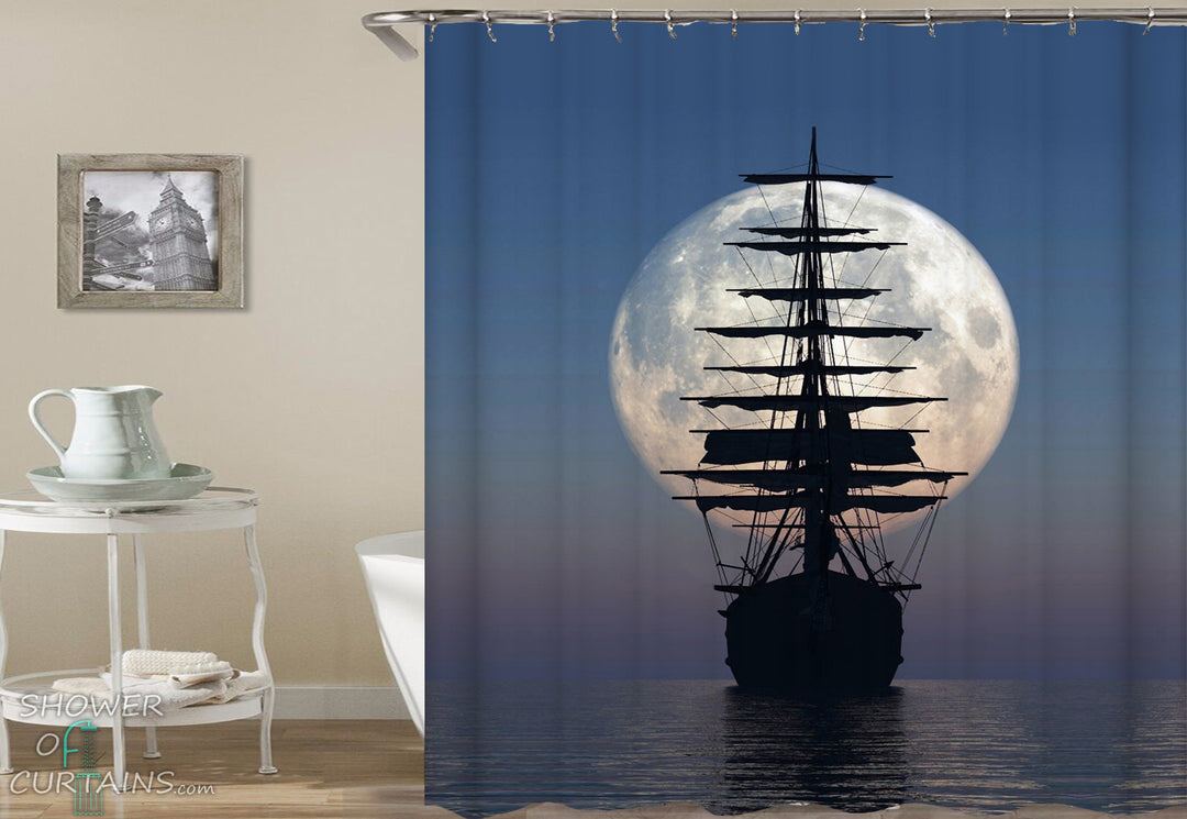Ship Shower Curtain of Pirate Ship Over The Moon