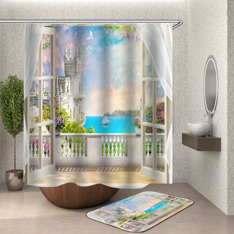 Shower Curtains Terrace Window Peacefully Lake and Castle