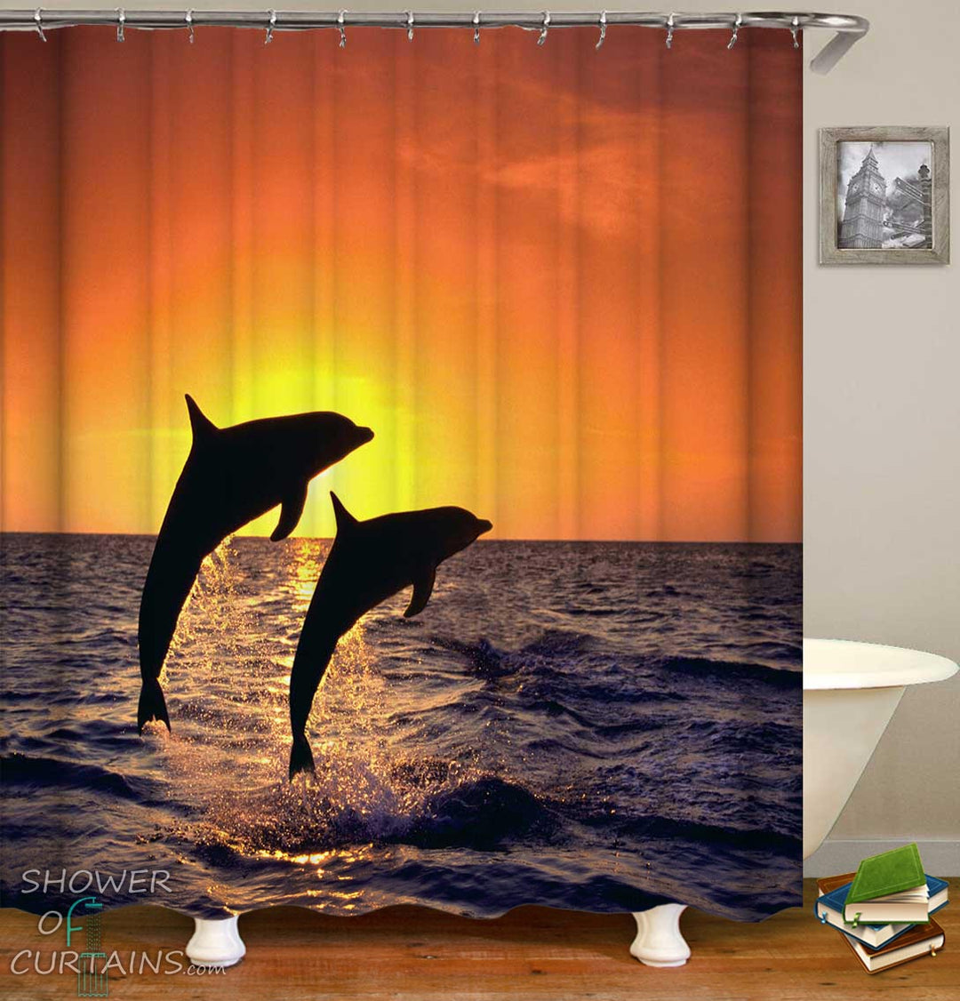 Shower Curtains of Sunset Dolphins