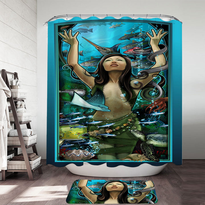 Shower Curtains of Underwater Beautiful Woman the Goddess of Marine Life