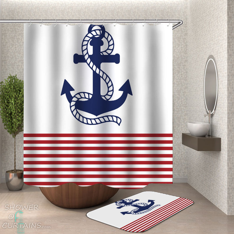 Shower Curtains with Anchor Above Red Stripes