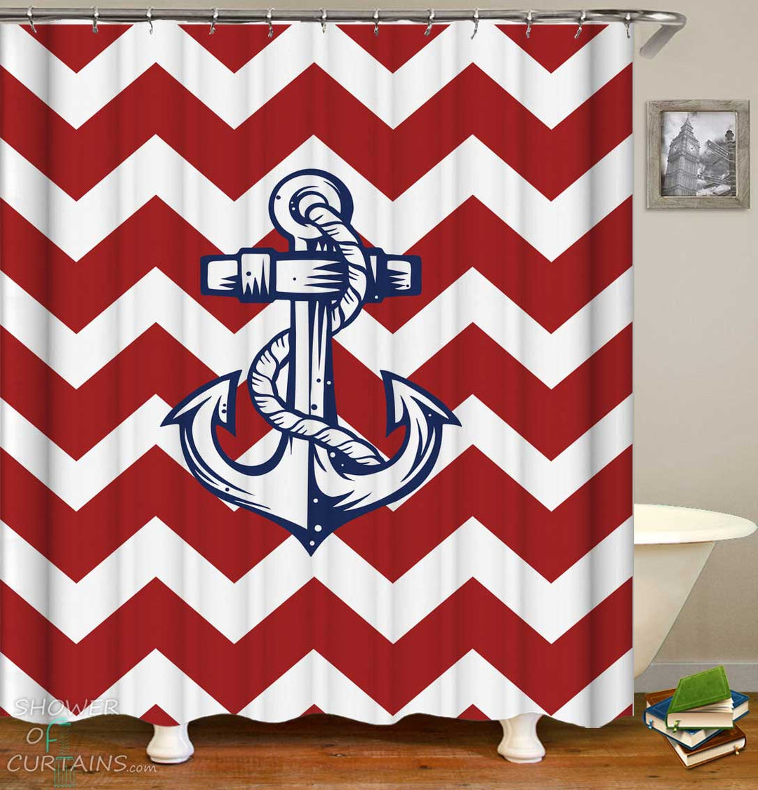 Shower Curtains with Anchor Red Chevron