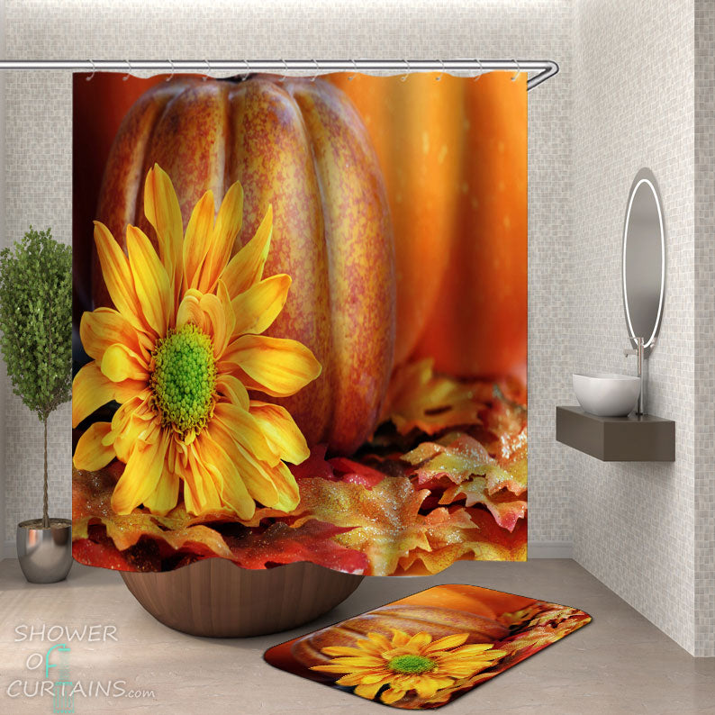 Shower Curtains with Autumn Sunflower and Pumpkin 