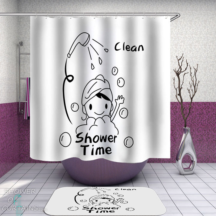 Shower Curtains with Black and White Drawing Shower Time
