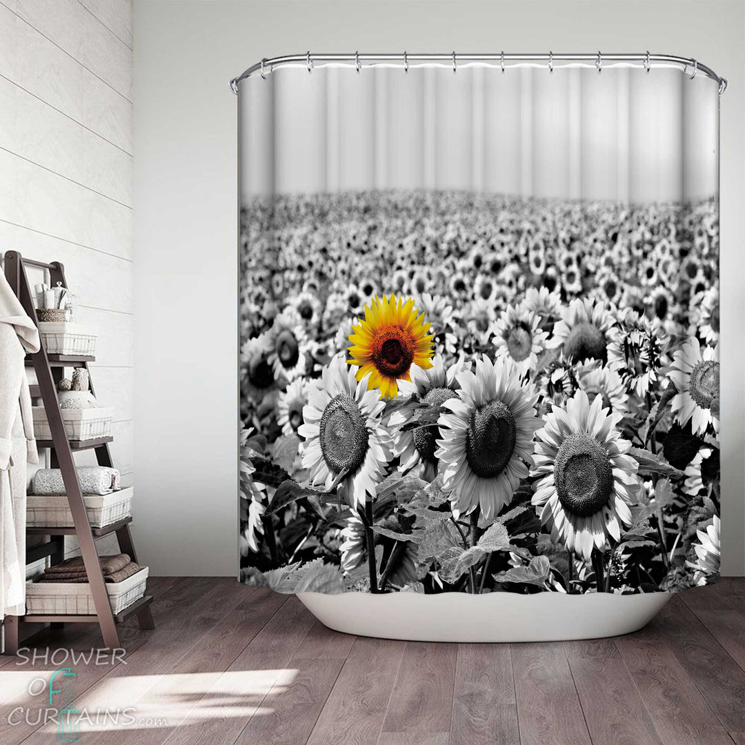Shower Curtains with Black and White Yellow Sunflower