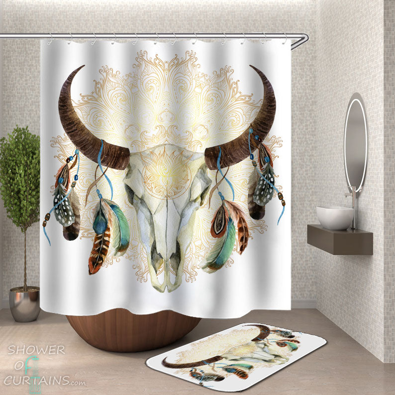 Shower Curtains with Bull Skull Over Golden Mandala