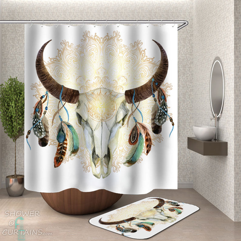 Shower Curtains with Bull Skull Over Golden Mandala