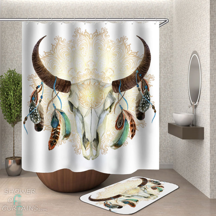 Shower Curtains with Bull Skull Over Golden Mandala