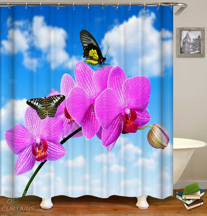 Shower Curtains with Butterflies Pink Flowers Over Blue Sky