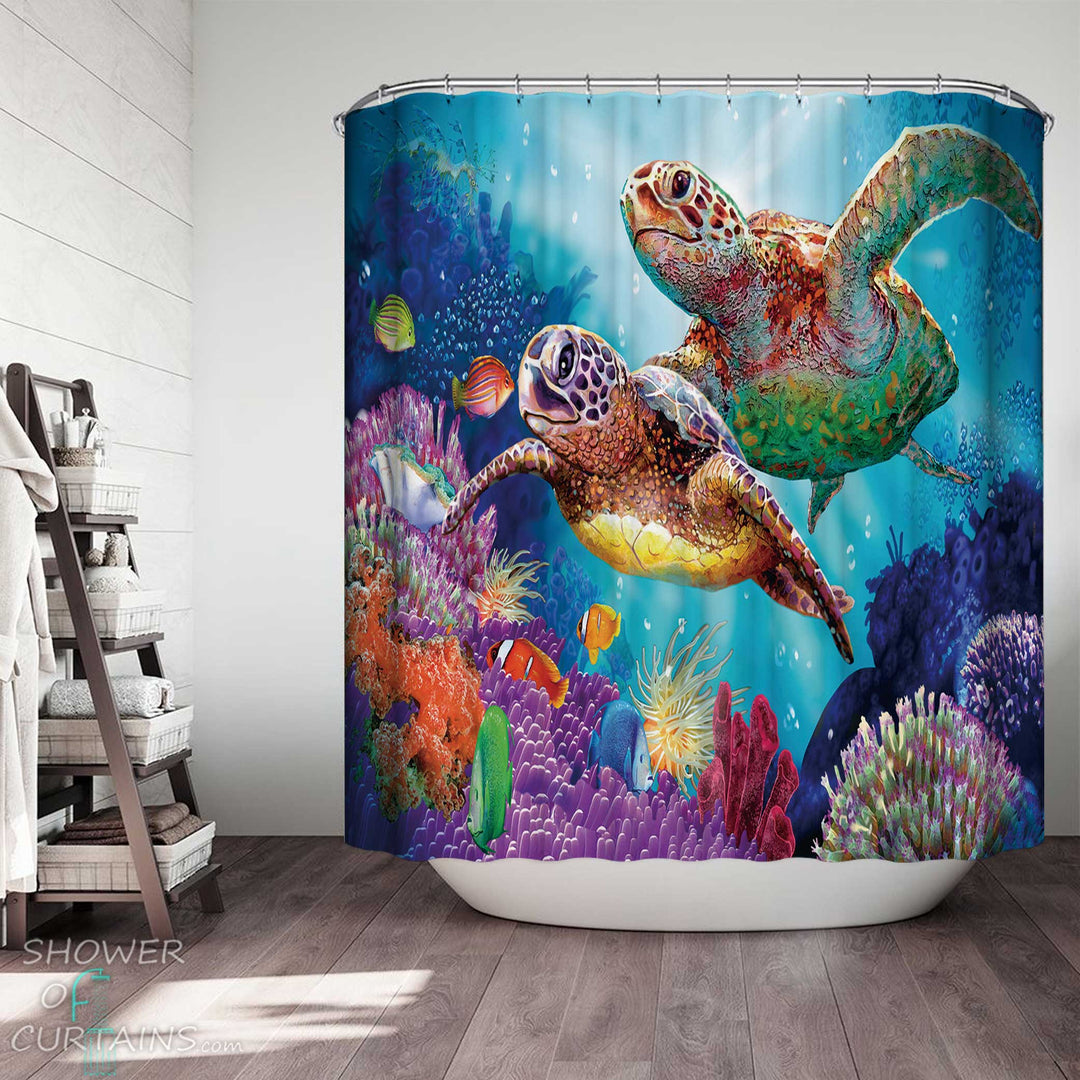 Shower Curtains with Colorful Turtles and Corals