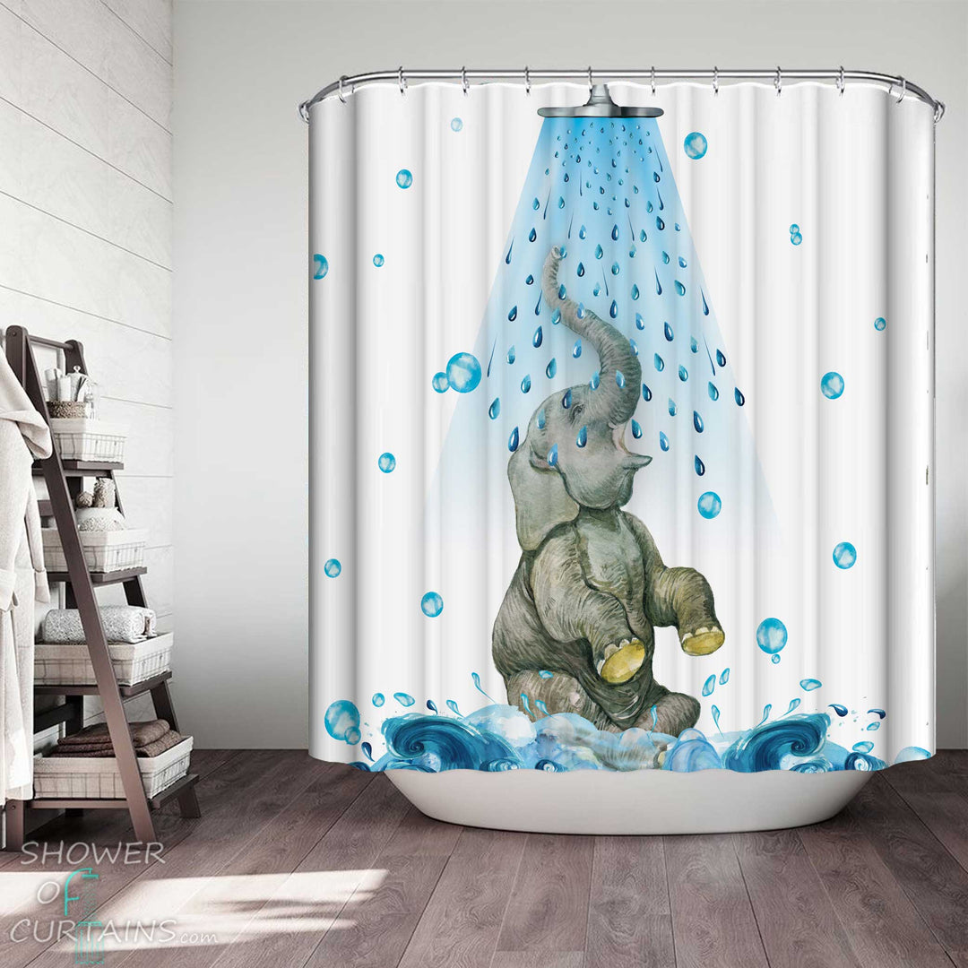 Shower Curtains with Cute Showering Elephant