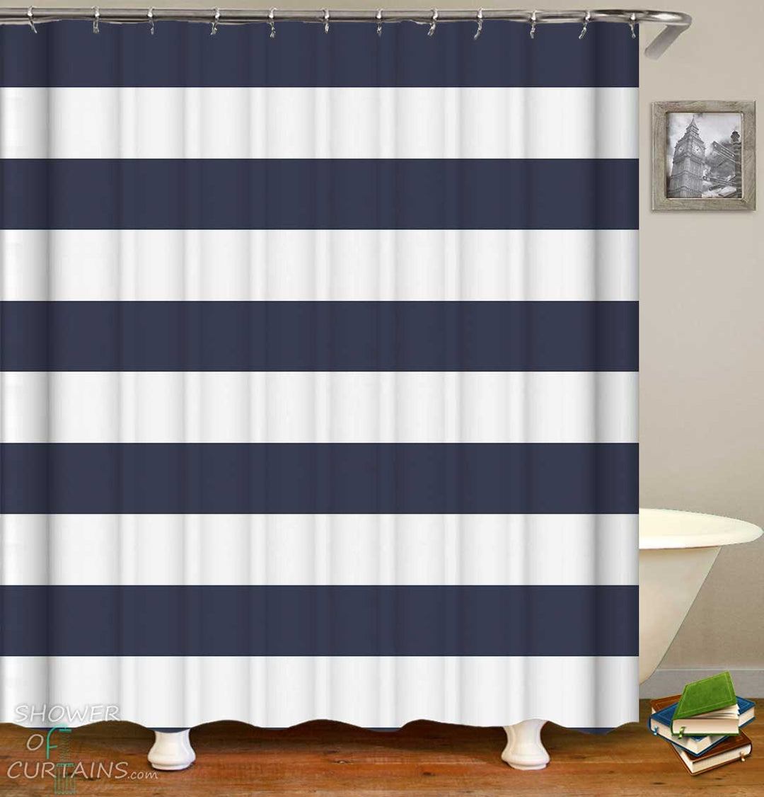 Shower Curtains with Dark Blue Cabana Stripe